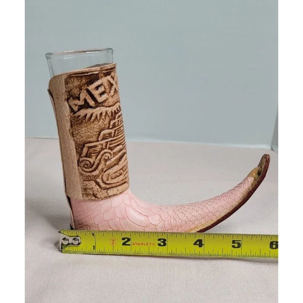 mexican mini leather wrapped boot tequila shots shaped like boot Pink And Brown
